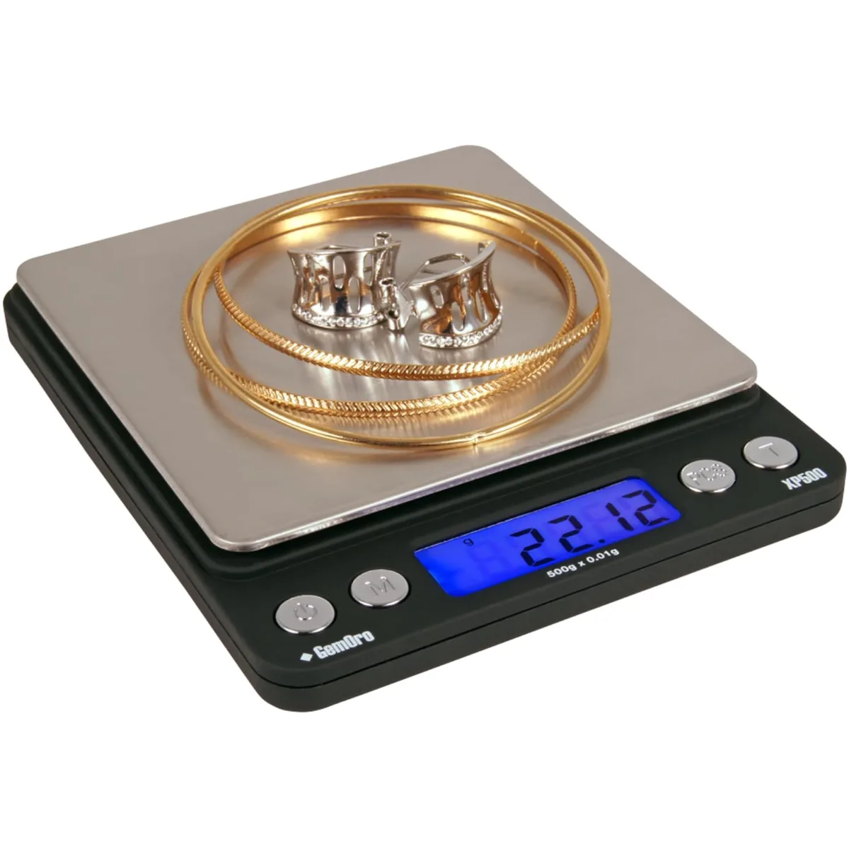 Twelve silver pocket scales with stainless steel platforms and blue backlit LCD displays