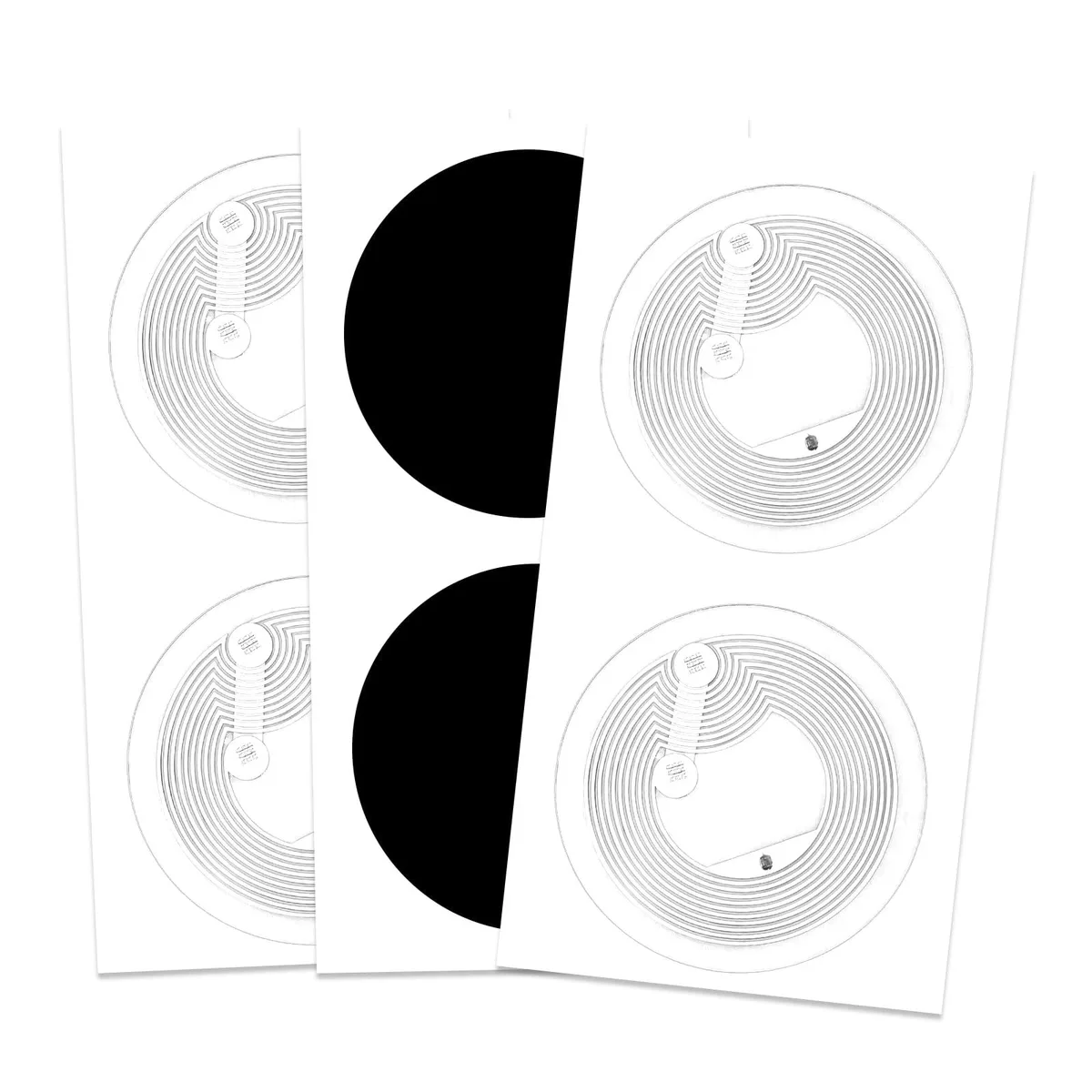 Pack of 15 small round black NFC stickers on a sheet