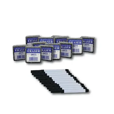 Transparent box holding twelve felt erasers and twelve black markers