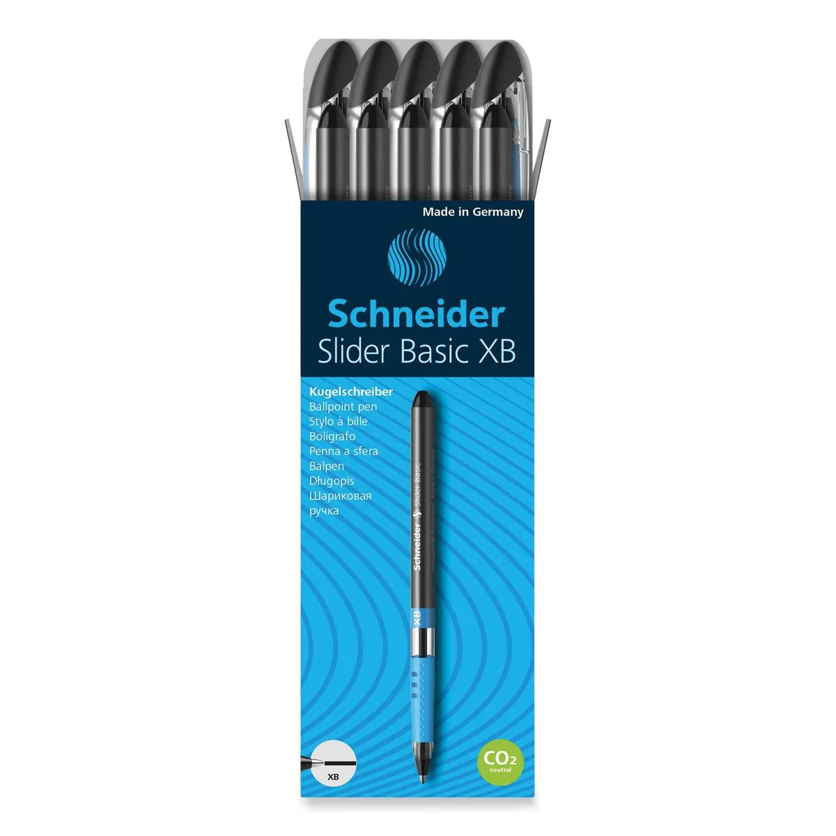 Black stick ballpoint pen with rubber grip, clear cap and clip