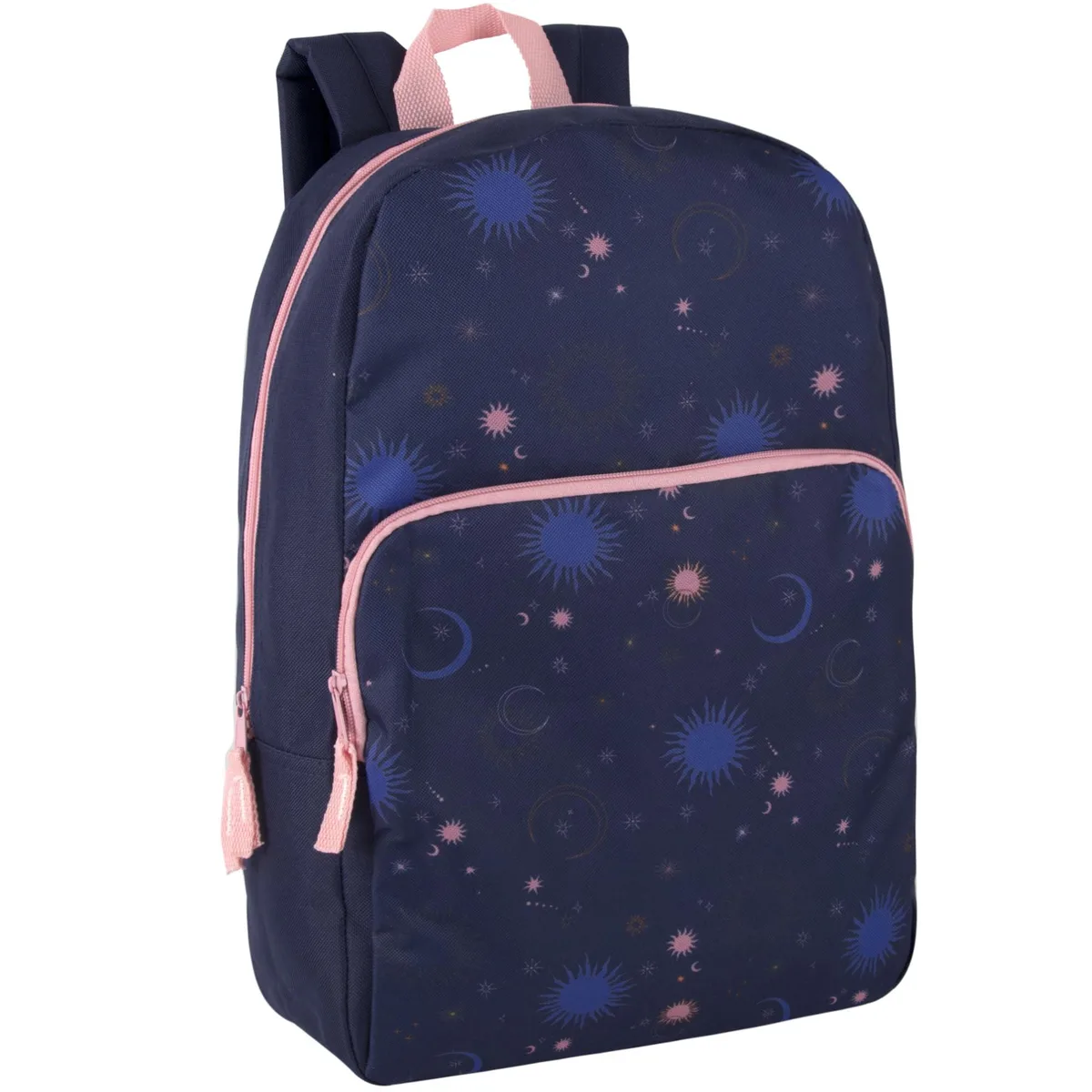 17-inch Twilight Twirls polyester backpack, 17 by 12 by 5.5 inches, front zip pocket, top handle