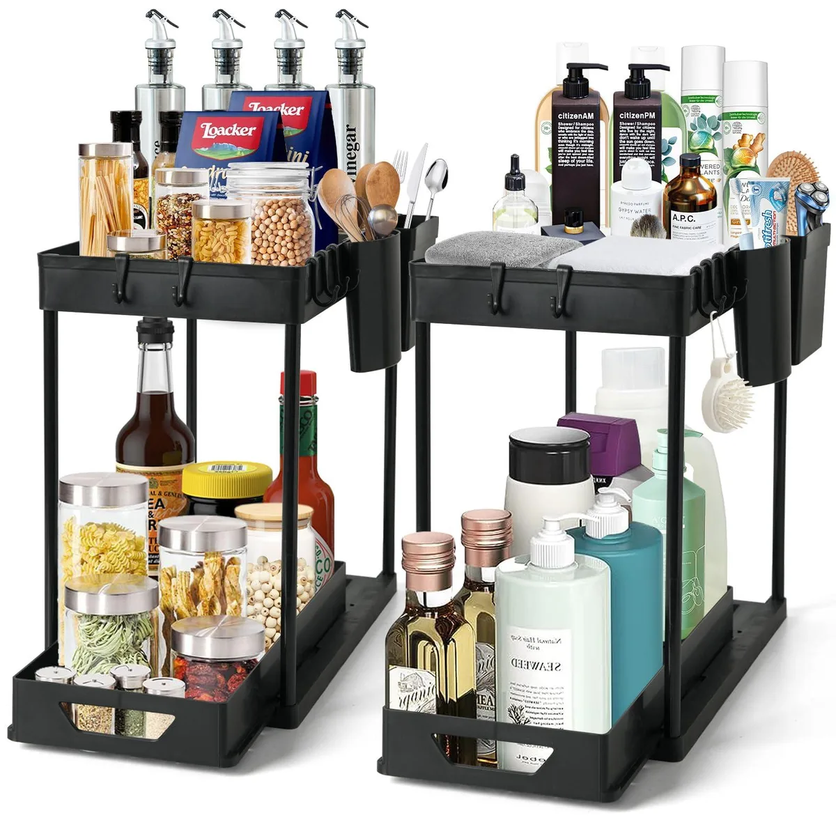 Two black two-tier sliding storage racks with pull-out drawers