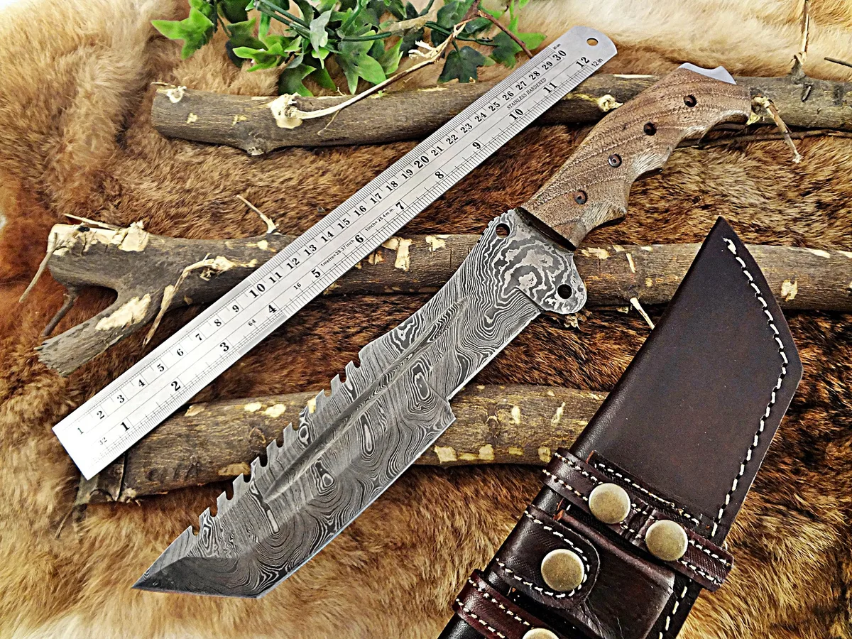 Damascus Depot Damascus Depot 14" Tracker Knife Tanto Blade Walnut Handle Leather Sheath — product photo