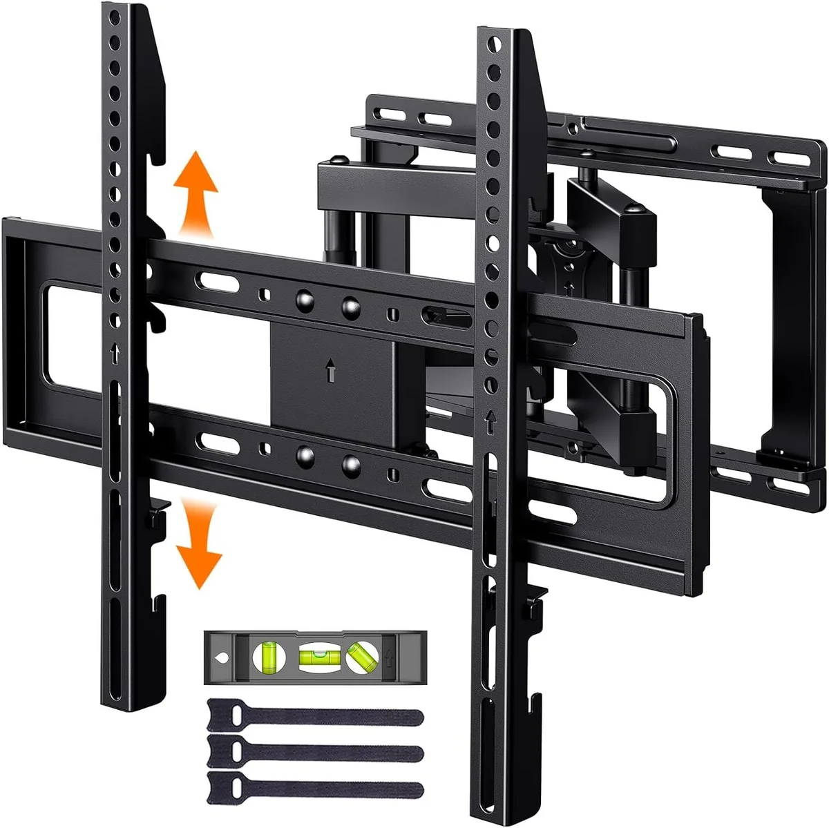 Black steel articulating TV wall mount with dual arms extended, showing tilt and swivel joints