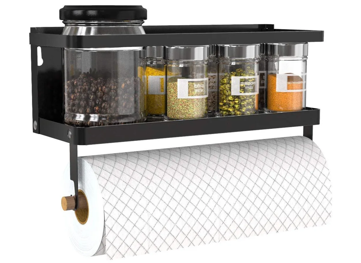 Red two-tier magnetic spice rack with hooks, steel construction, matte finish, 12.6x4.52x4.28 inches