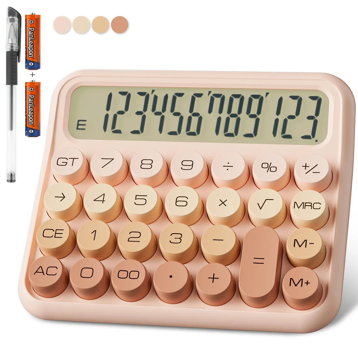 Gradient pink desktop calculator with 12-digit LCD display and large round keys