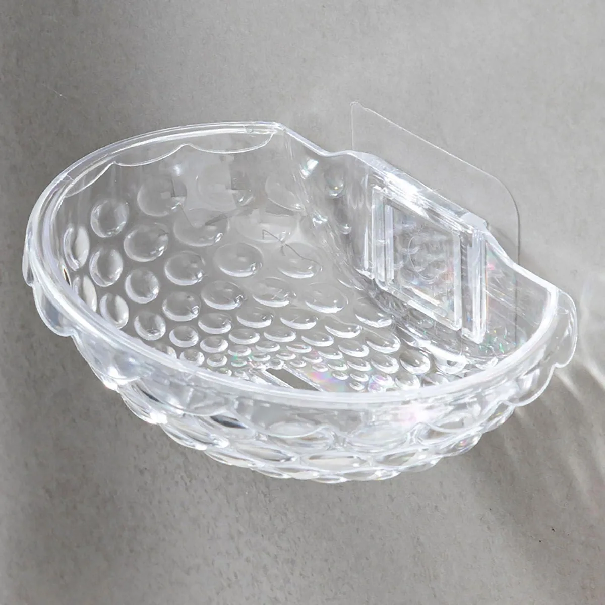 Clear rectangular soap dish with draining slots and adhesive backing, 5.5 x 3.7 x 1.8 inches