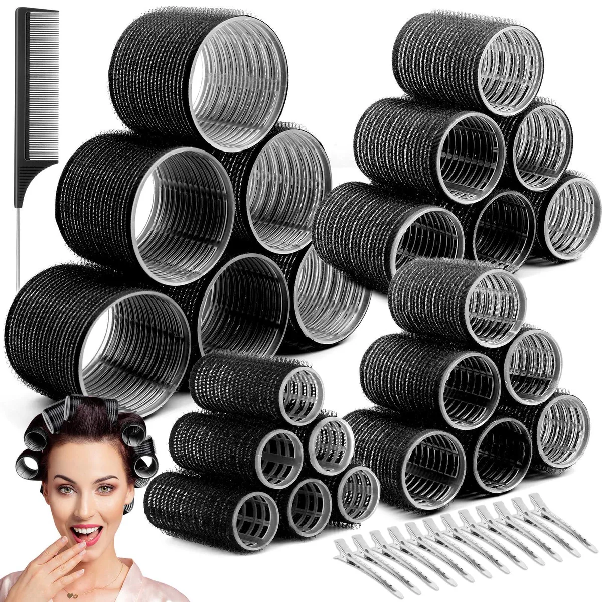 Set of black foam hair rollers in four sizes with silver clips and a comb