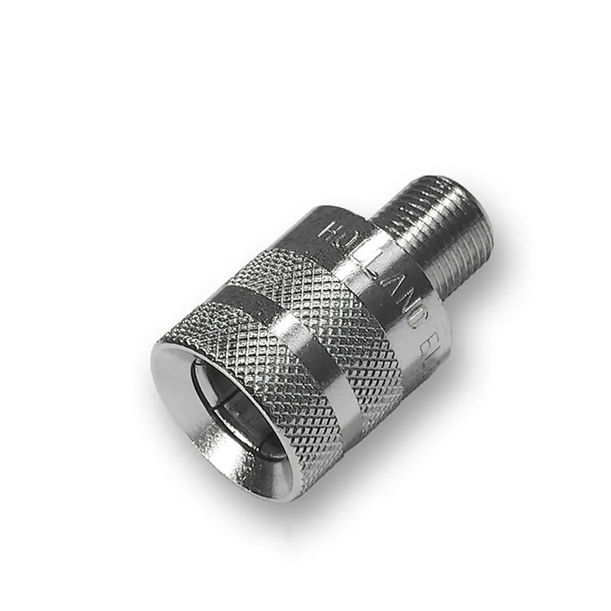 Holland Electronics brass F-pin push-on adapter with large knurled body