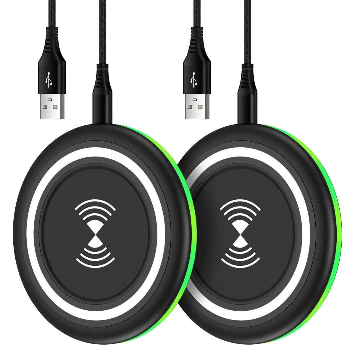 Two flat circular wireless charging pads in dark finish