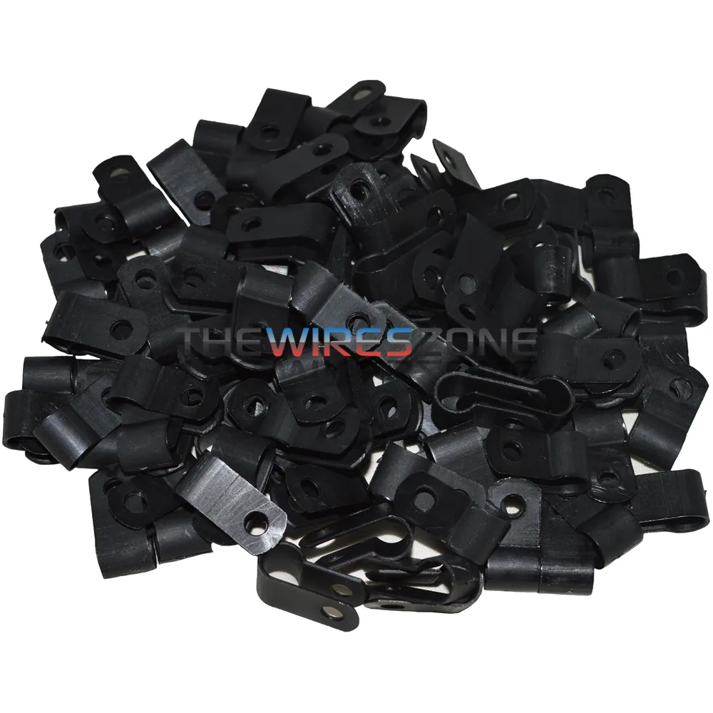 One hundred black half-inch cable clamps in a pile
