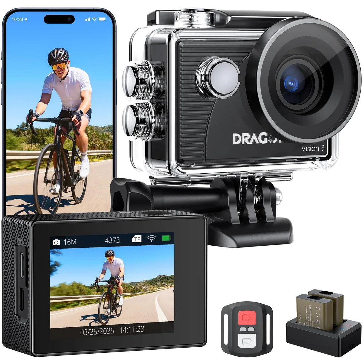 Dragon Touch Vision 3 4K 20MP 170° Waterproof Action Camera with WiFi Remote 2 Batteries 18 Accessories — product photo