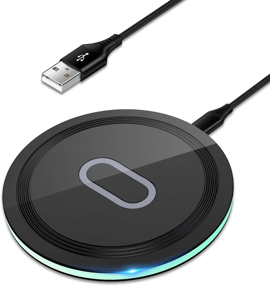 Flat circular wireless charging pad with non-slip silicone surface and green LED indicator