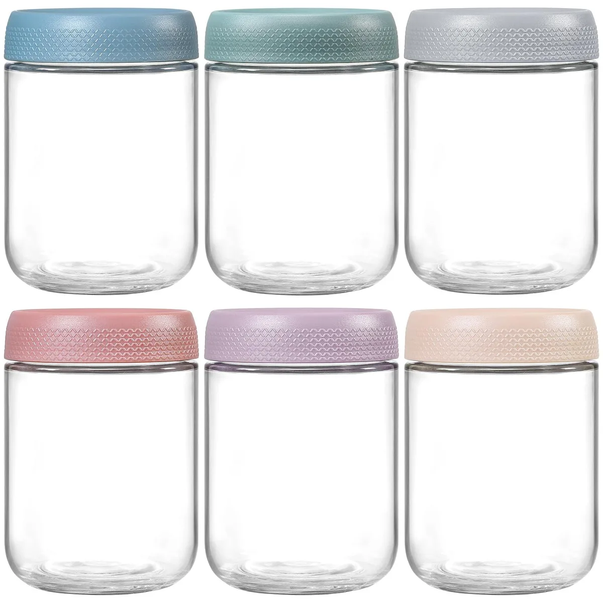 Six clear glass jars with red lids, 16 oz each