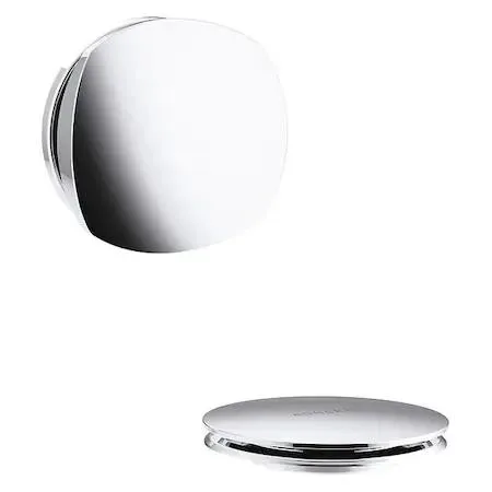Round chrome bath drain with cable linkage and decorative flange
