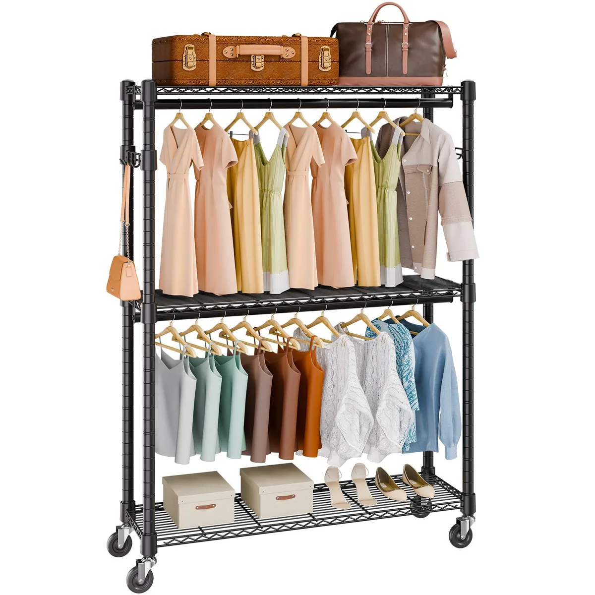 VEVOR VEVOR Heavy Duty Clothes Rack 400 lbs 3 Tiers 2 Rods 2 Side Hooks Adjustable Height 45.7 x 17.7 x 80.3 in — product photo