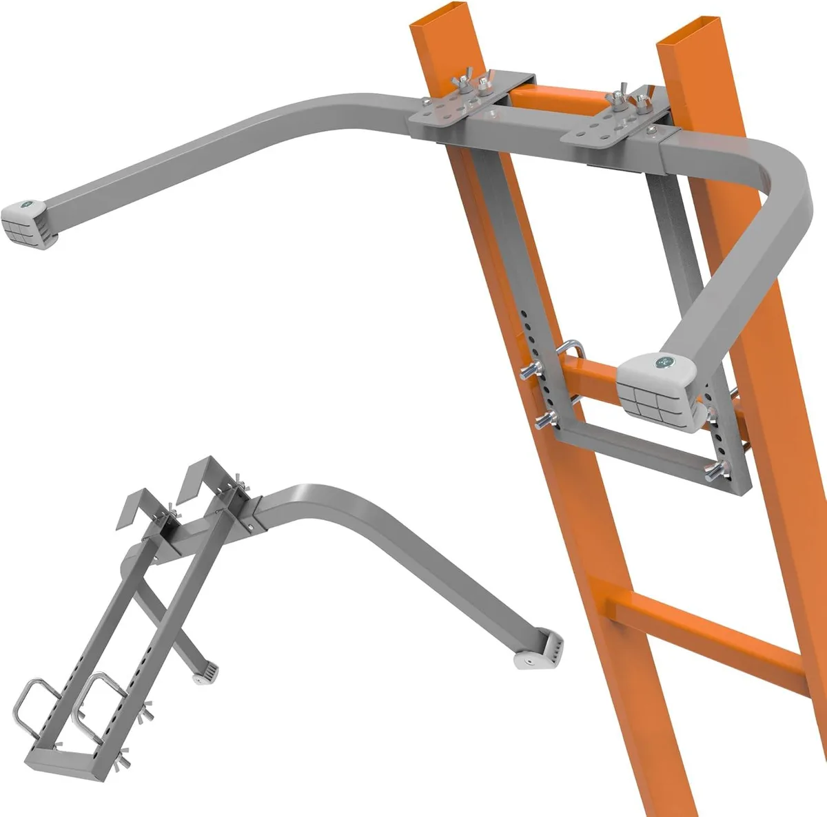 Silver-gray steel ladder stabilizer with beige rubber feet, shown attached to extension ladder rungs