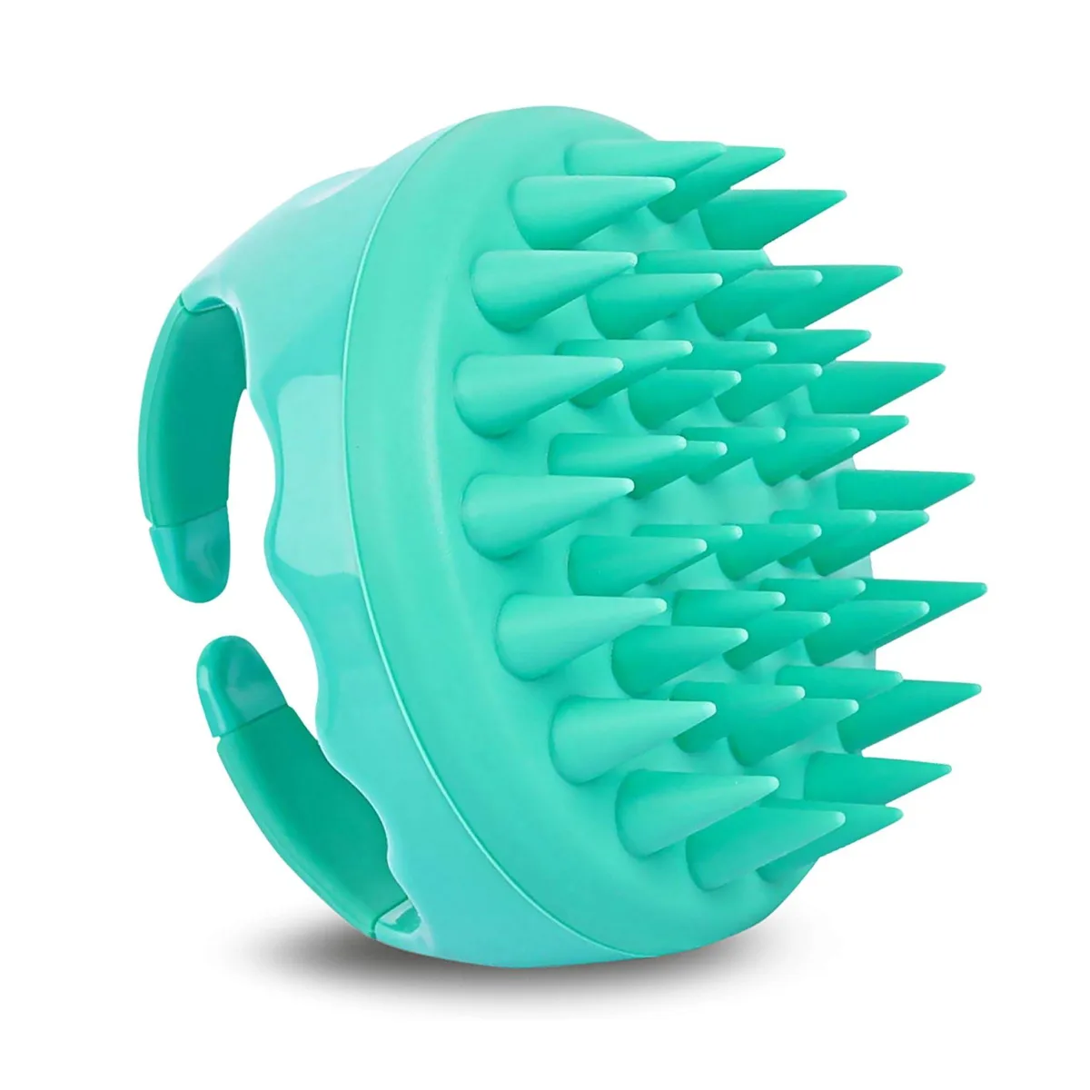 Turquoise silicone scalp massager with flexible bristles, compact handheld design