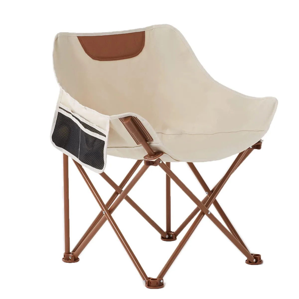 Khaki folding camping chair with side pocket and carry bag, steel frame, 600D Oxford fabric
