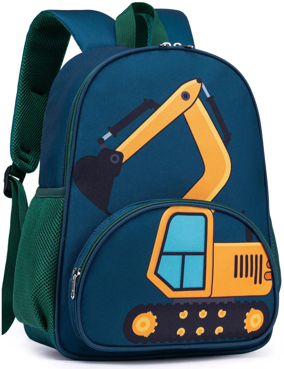 Blue polyester kids backpack shaped like an excavator truck with adjustable straps and chest clip