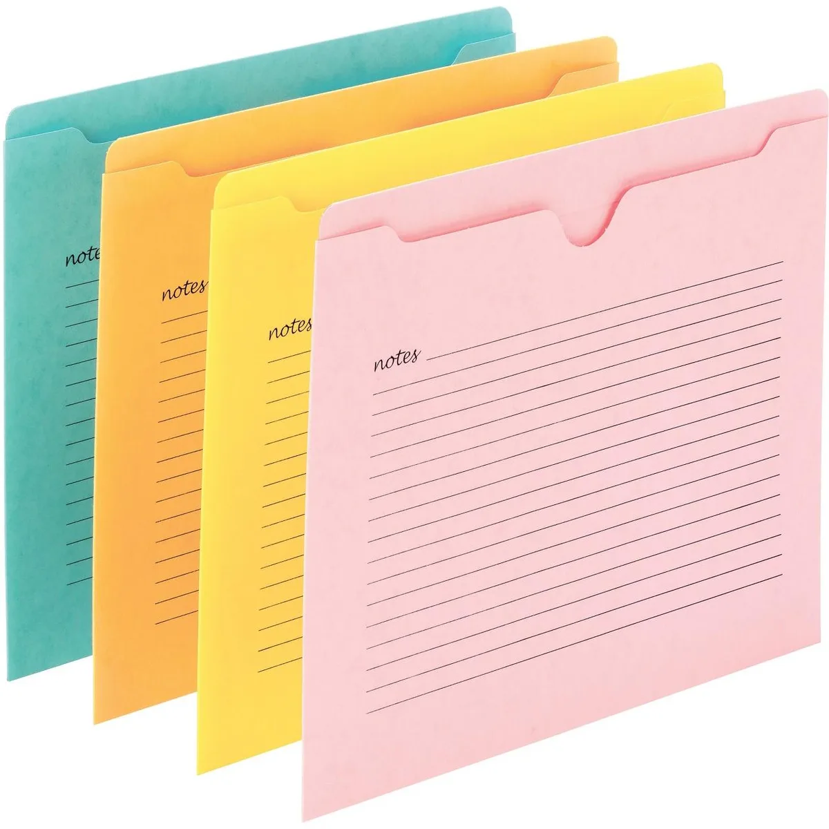 Twelve aqua letter-size file jackets with pre-printed lines and reinforced tabs