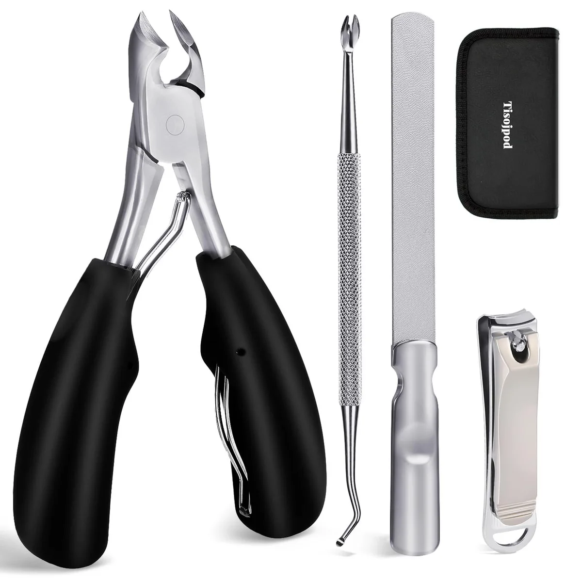 Black stainless steel toenail clipper set, four tools in leather pouch