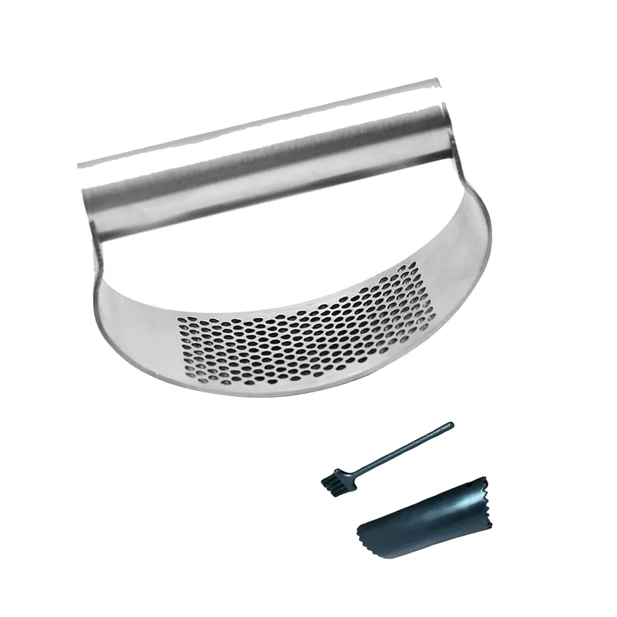 Stainless steel garlic press rocker with curved blade
