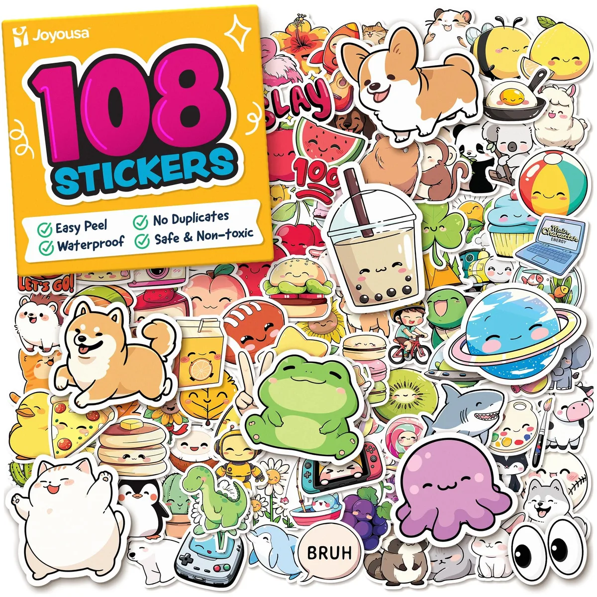 Round can holding 108 glossy vinyl stickers in kawaii designs