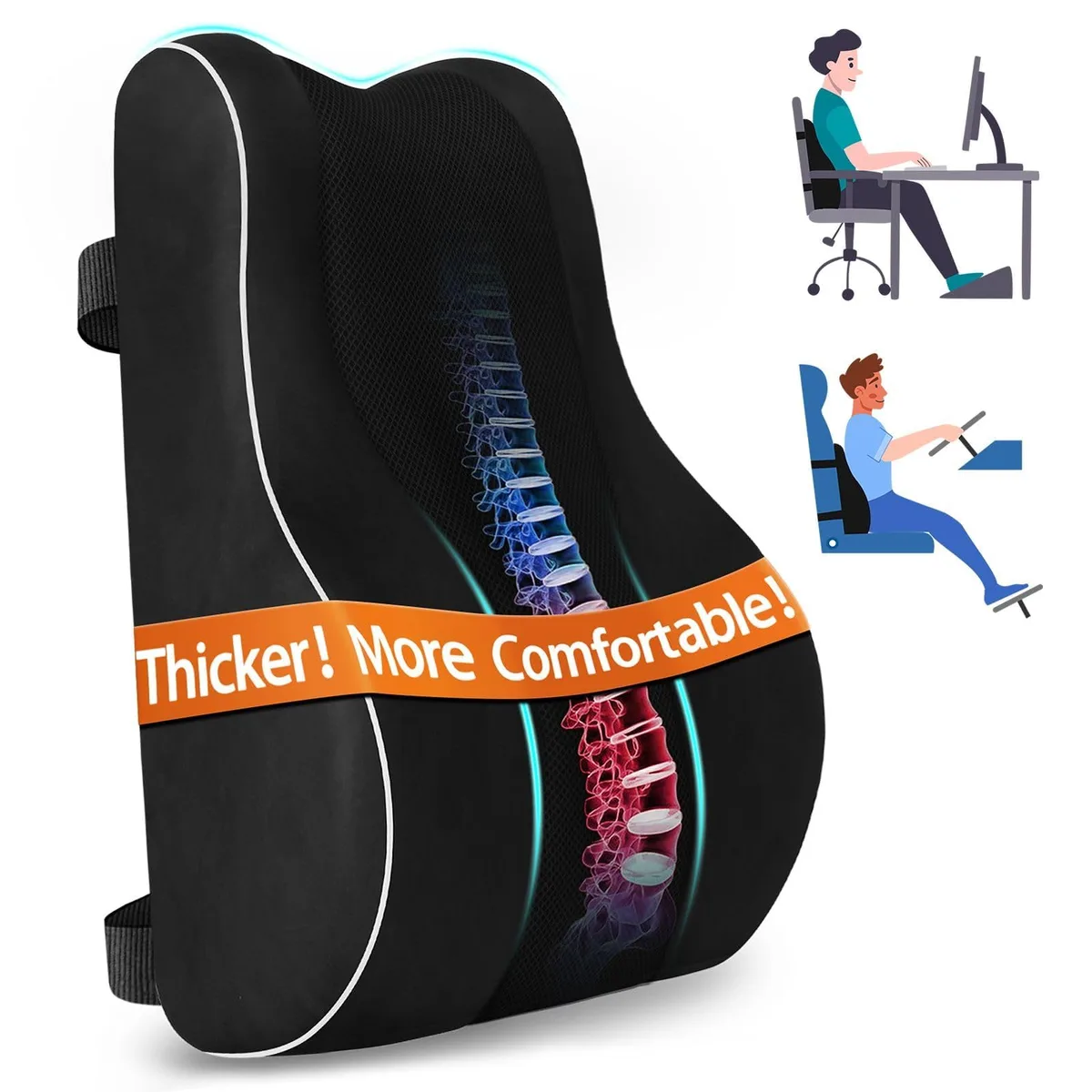 Black lumbar support pillow with breathable mesh cover and adjustable straps