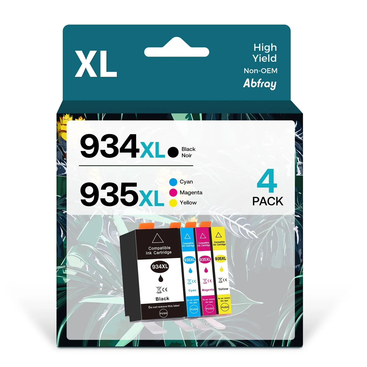 Four rectangular ink cartridges in black cyan magenta yellow packaging