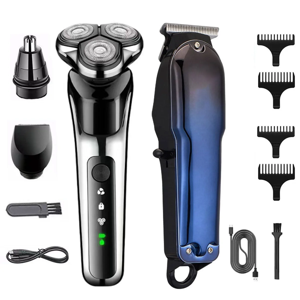 Green rotary electric shaver with three floating heads and clipper attachment