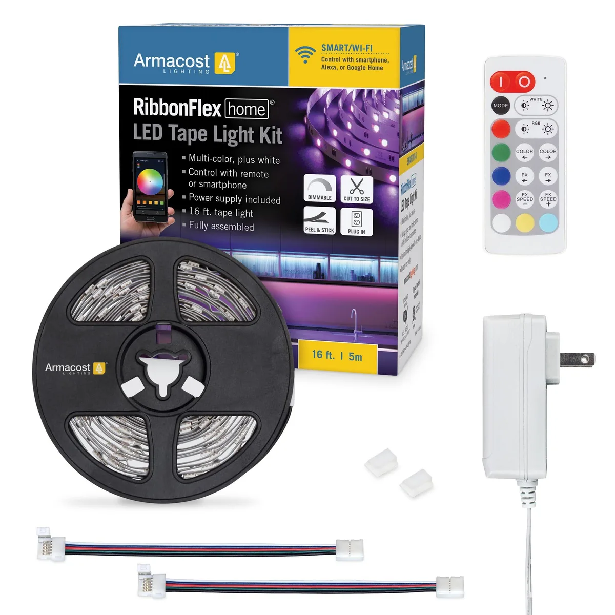 A 16ft flexible LED tape light on a reel with a remote control and power adapter, multicolor finish