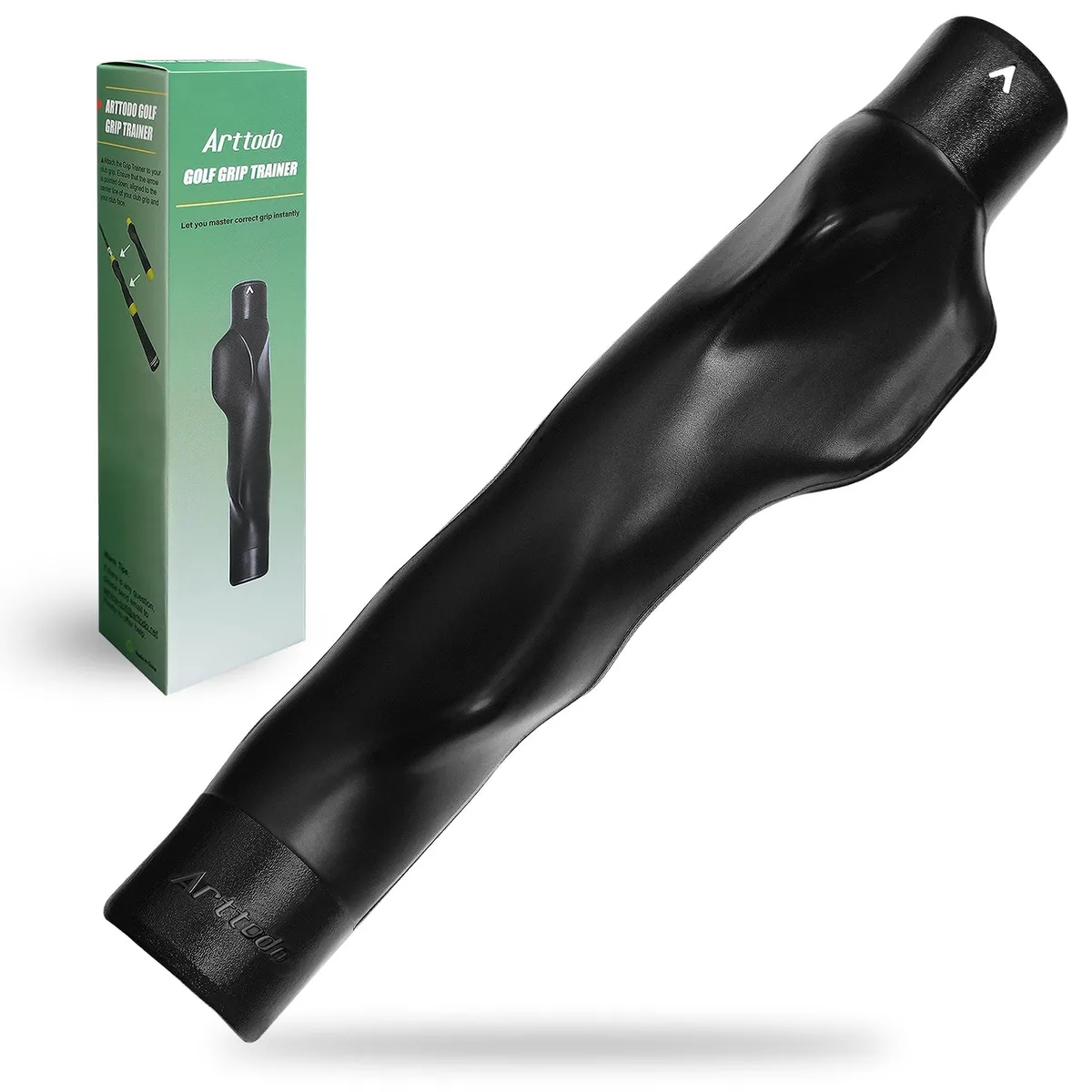 Black left-handed golf grip trainer, slender plastic sleeve with moulded finger channels