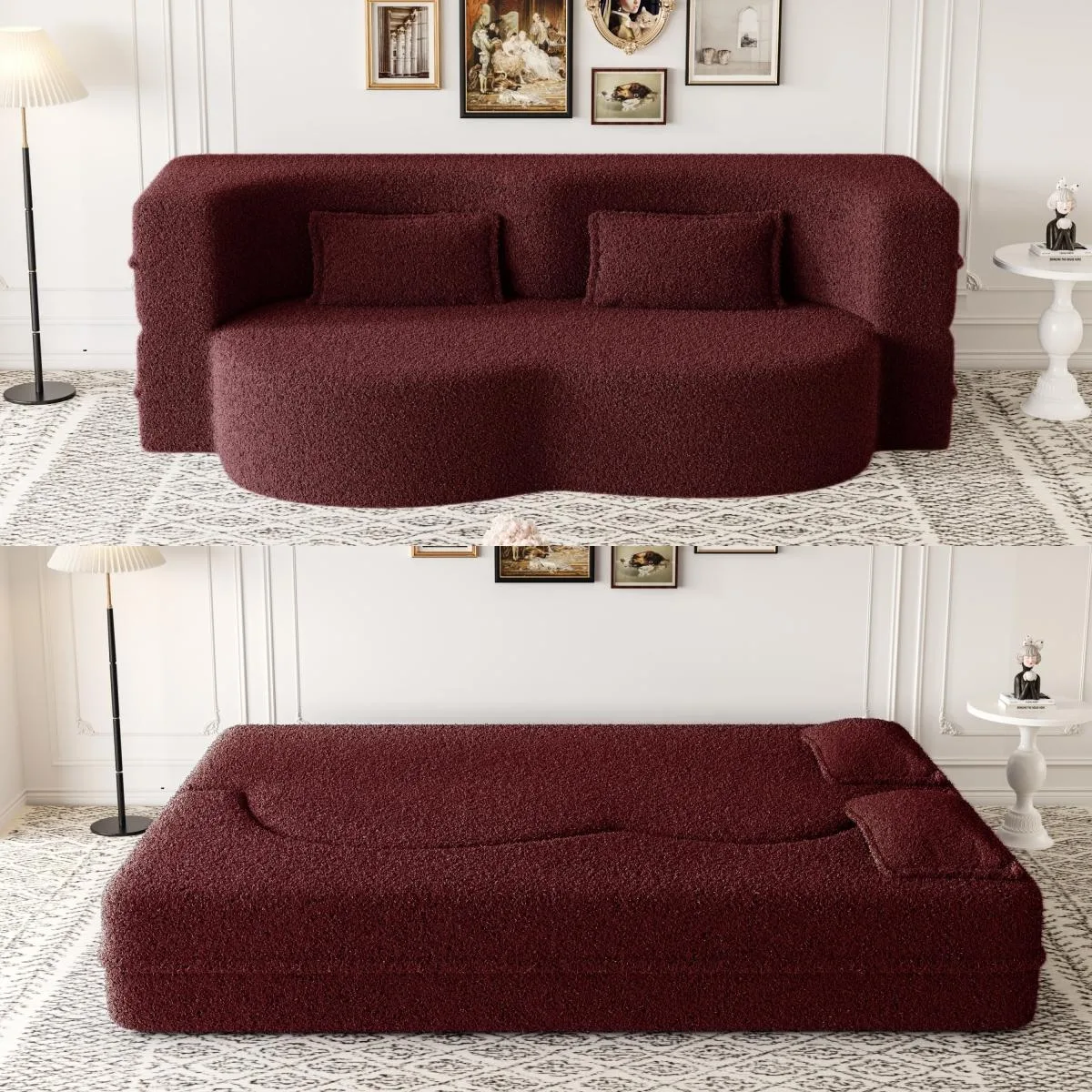 Burgundy teddy fabric floor sofa with two matching pillows folded flat