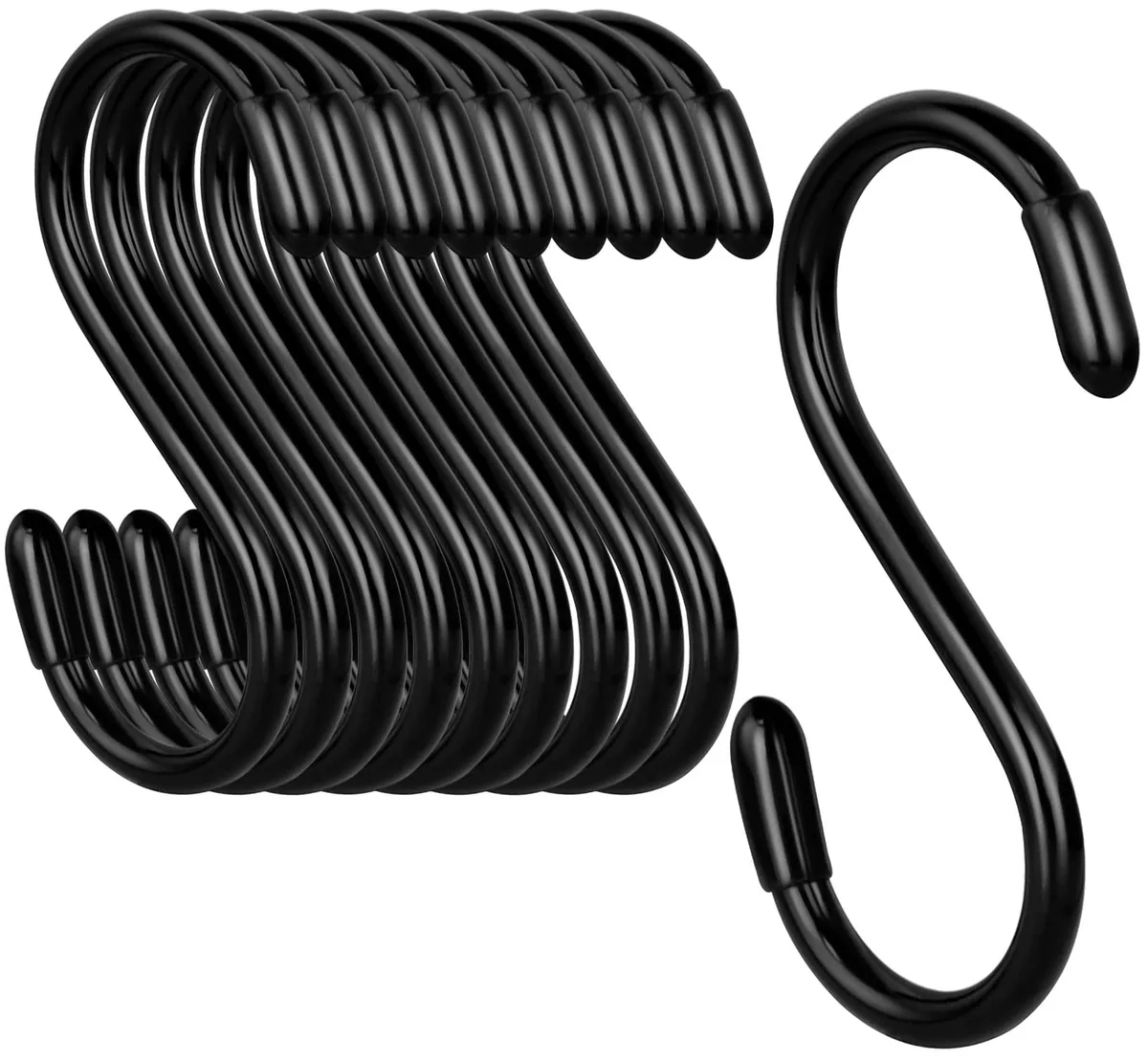Ten black vinyl-coated steel S-hooks, 3.0 inch long with 1.2 inch openings
