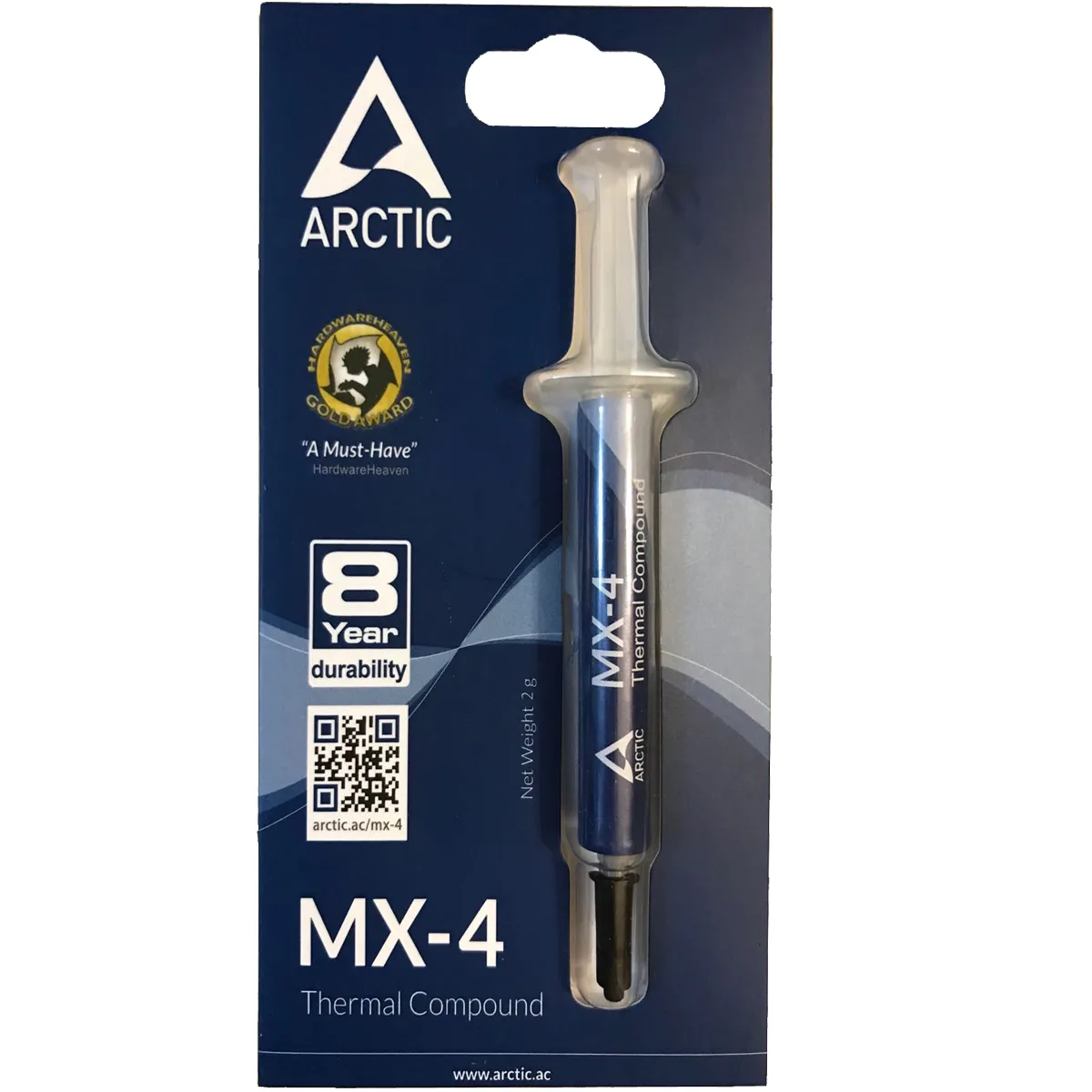 Small white 2g syringe with grey plunger and black text