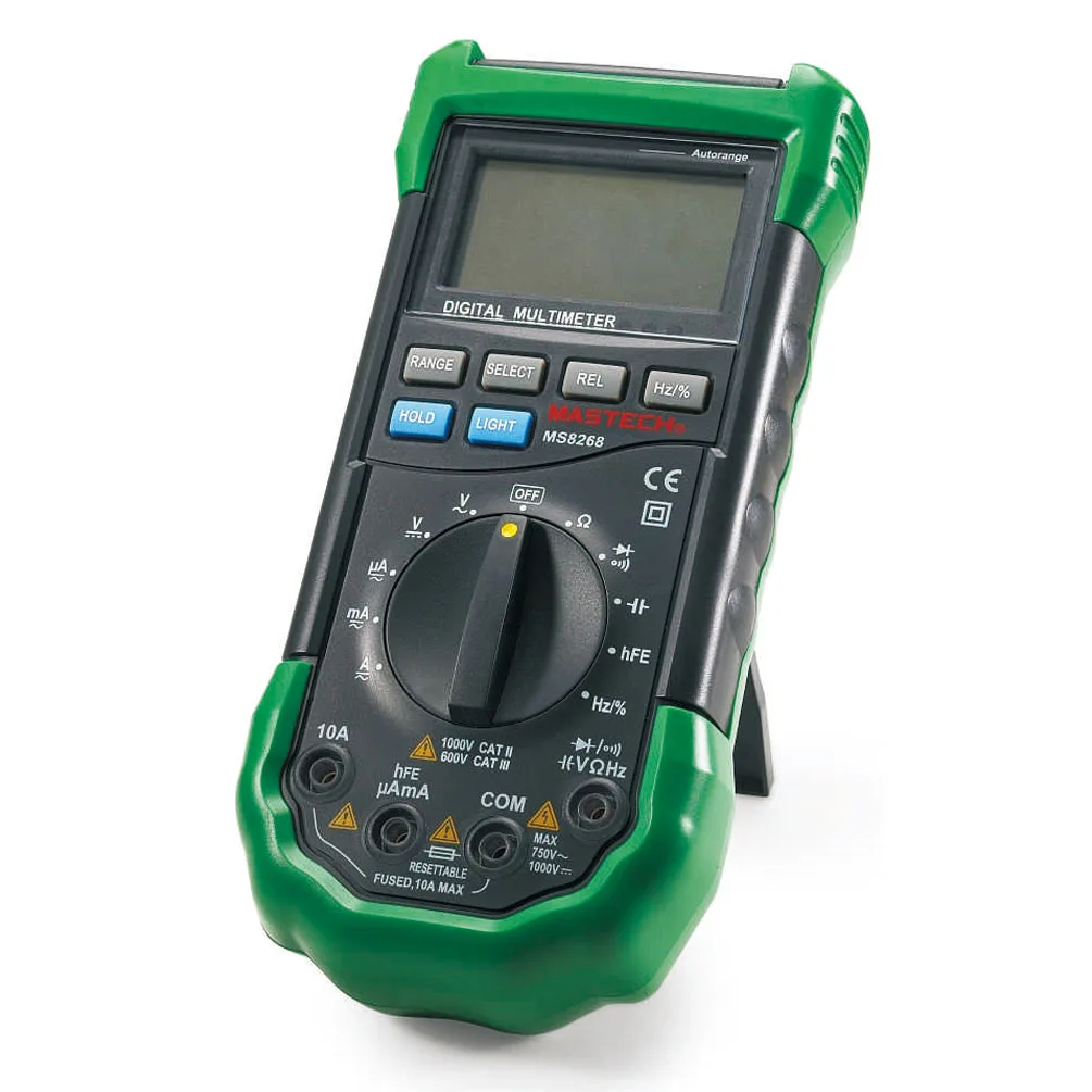 Yellow handheld digital multimeter with LCD screen and test leads