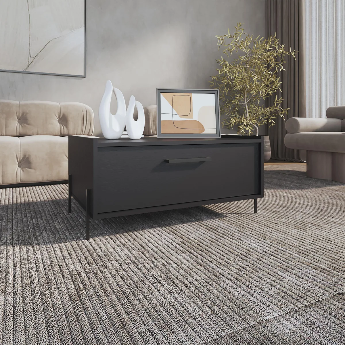 Black low occasional table with open shelf and pull-down cabinet door