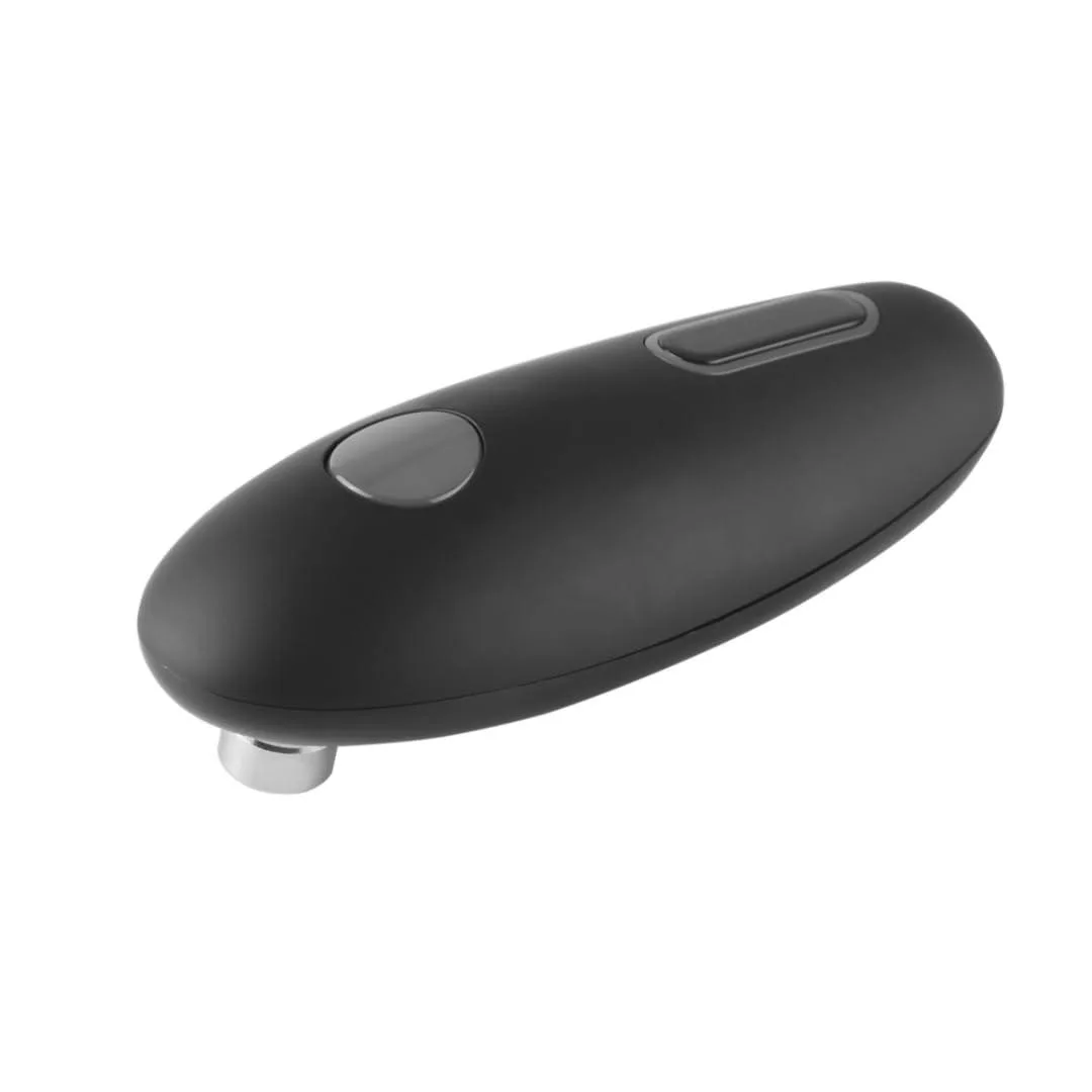 White plastic automatic can opener, compact handheld design with top button