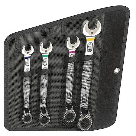 Four chrome offset combination wrenches with twelve-point heads