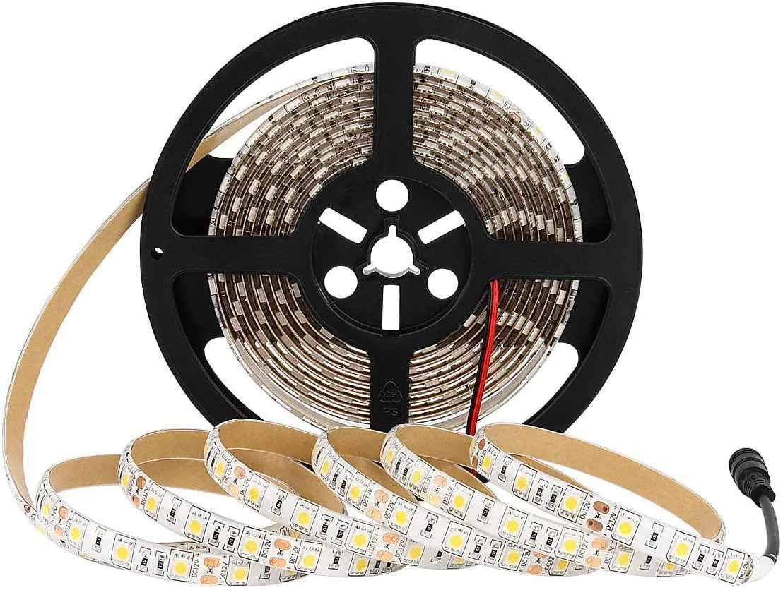 A 5 metre flexible strip with 300 cool-white SMD 5050 LEDs on an IP65-rated reel