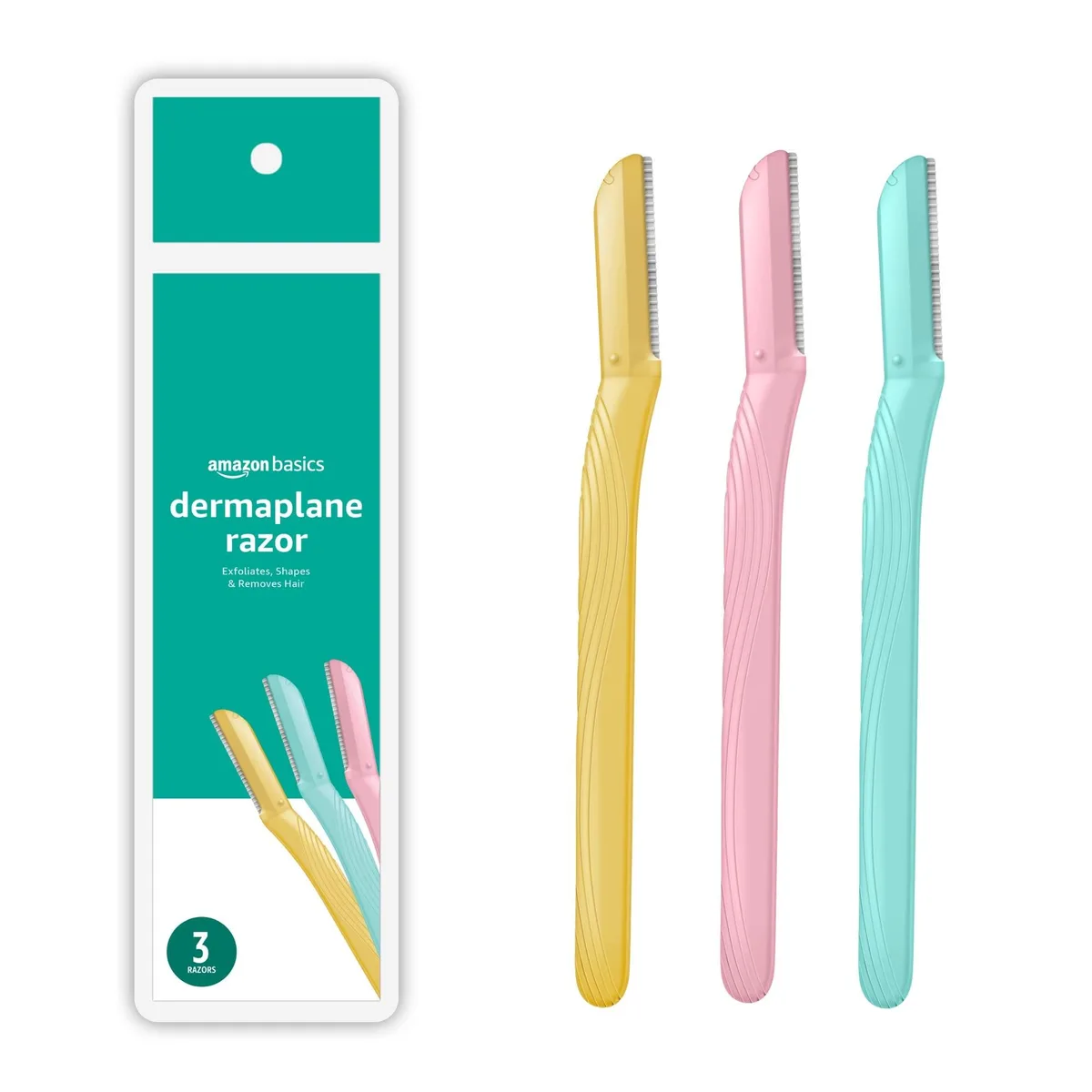 Three multicolour dermaplane razors with blade covers