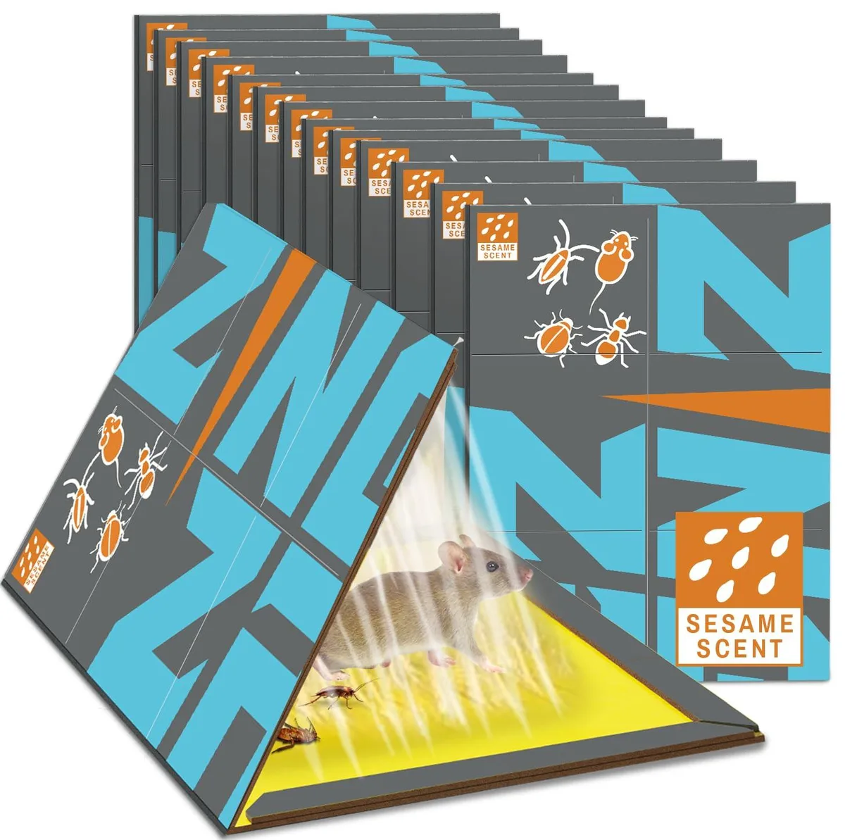 Ten flat glue-board traps in a rectangular pack, biodegradable cardboard with sesame scent