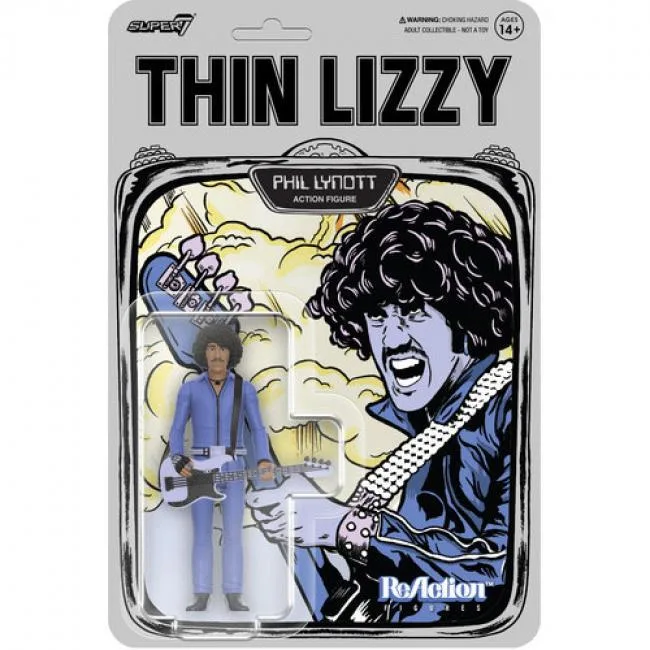 3.75 inch Phil Lynott action figure with guitar and pick, Jailbreak album packaging