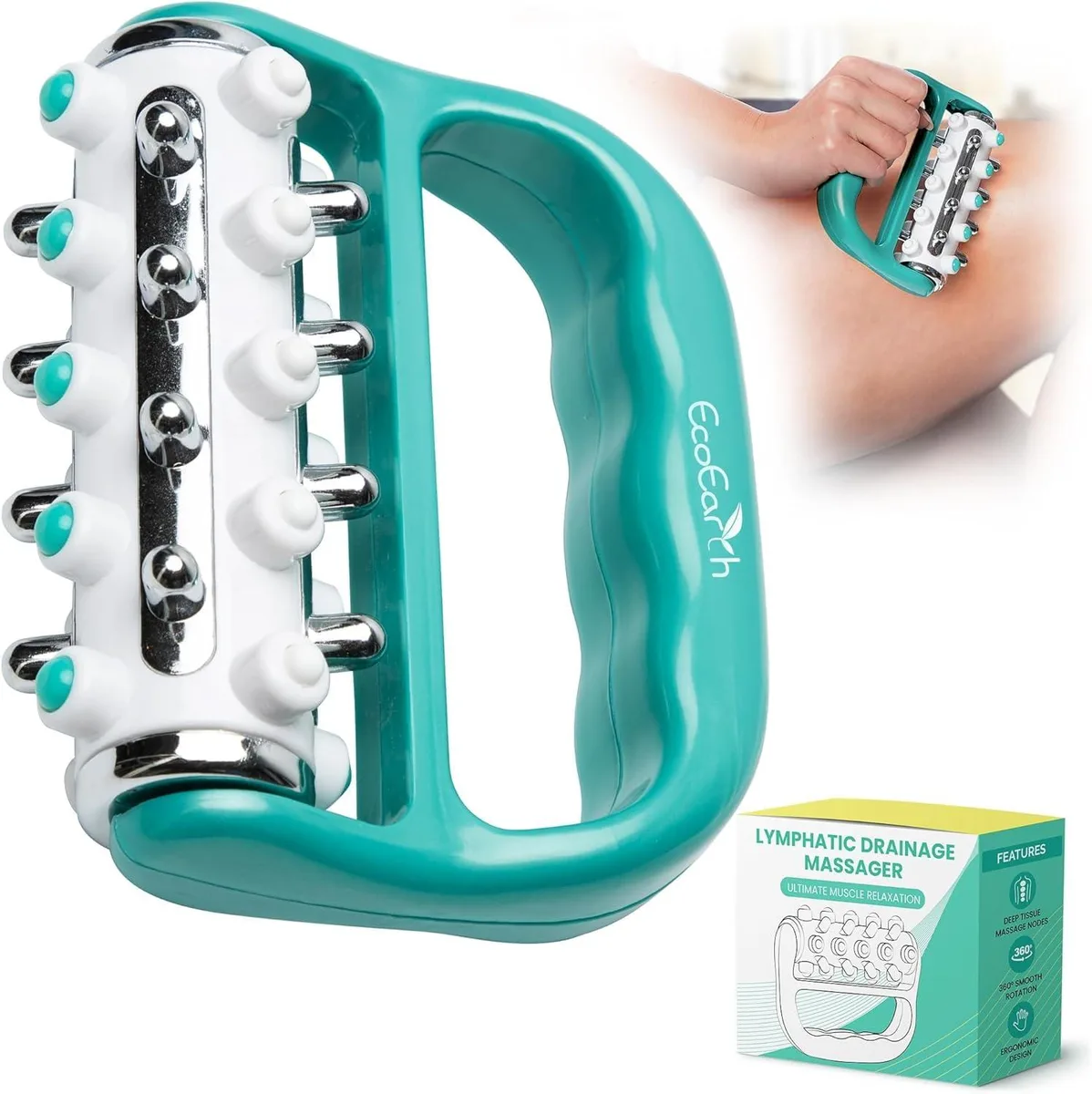 Green handheld massage roller with textured surface, lightweight plastic body, compact cordless design