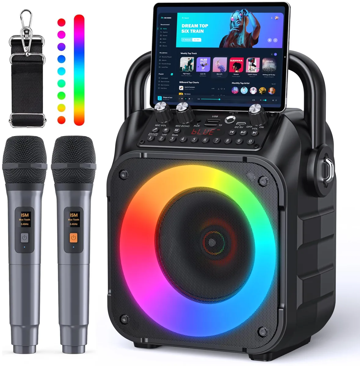  CYY K9M Karaoke System 15W 6.8in Bluetooth 5.2 2 Wireless Mics — product photo