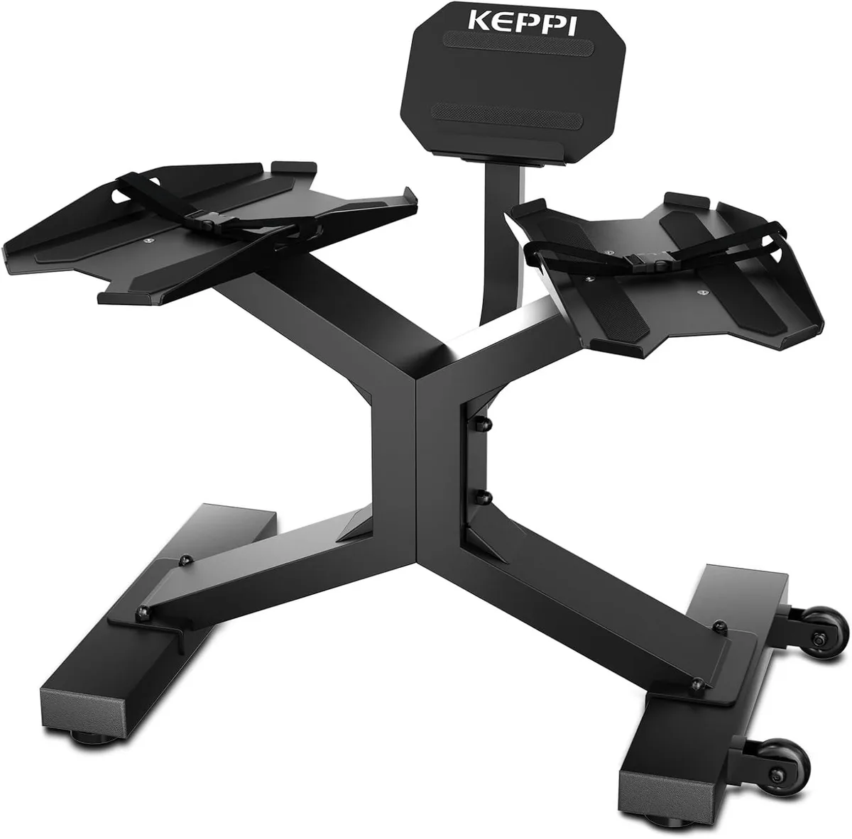 Alloy steel dumbbell rack with silicone-lined trays, side straps, raised edges and side-mounted wheels
