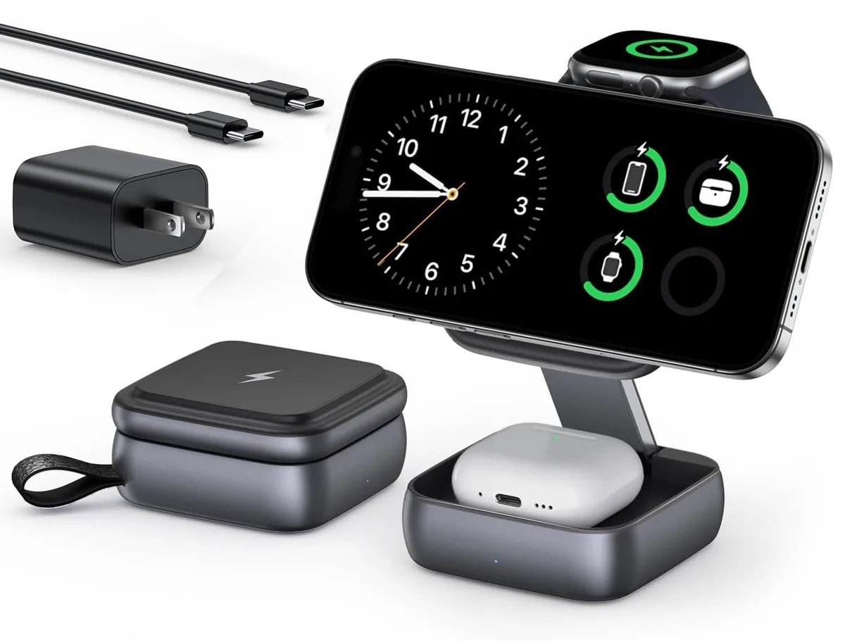 Foldable 3-in-1 magnetic charger with carry strap