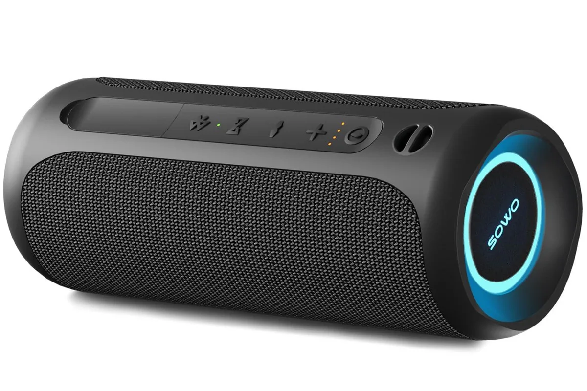 Black cylindrical Bluetooth speaker with fabric wrap and LED lights