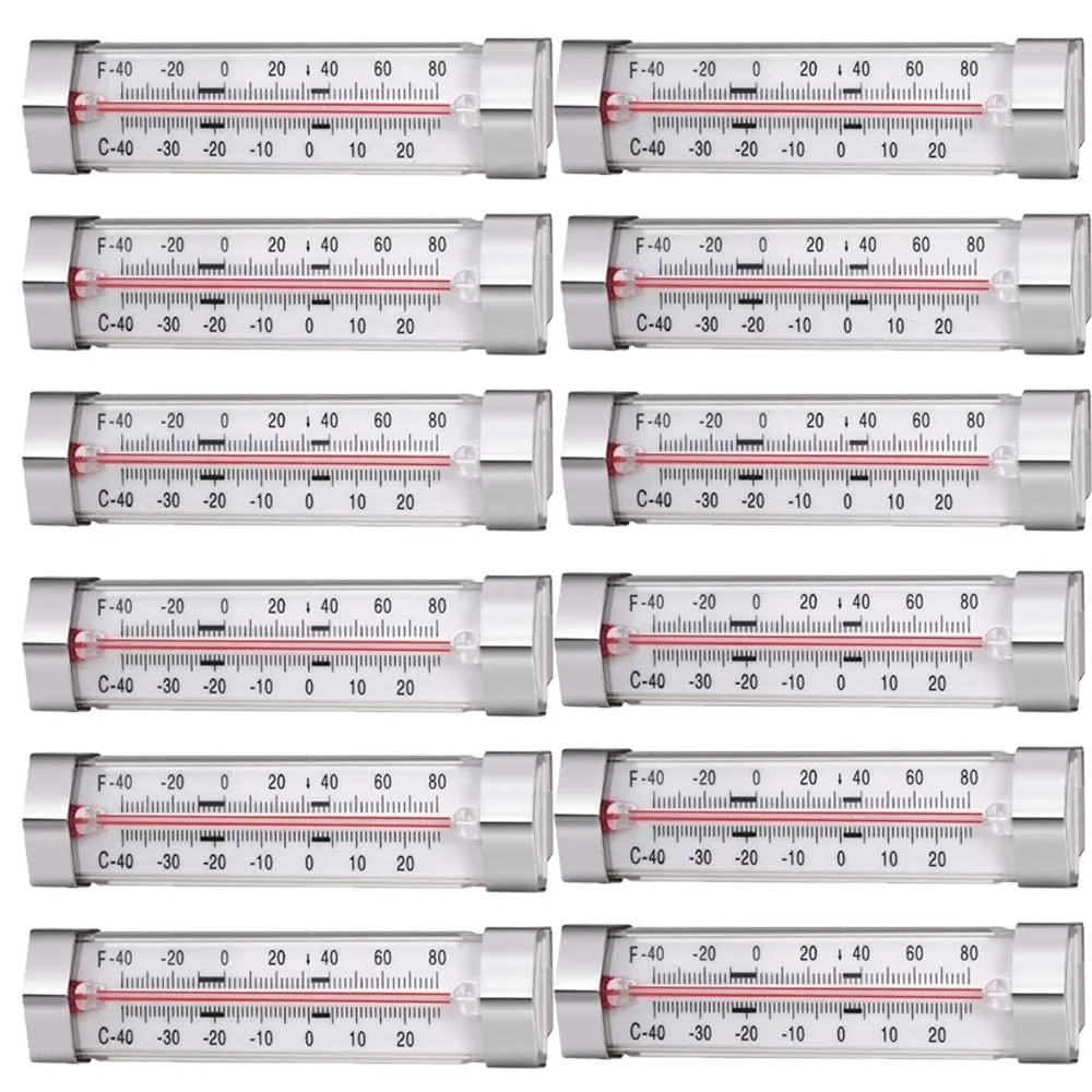 Twelve clear rectangular dial thermometers with stainless steel frames and magnified lenses